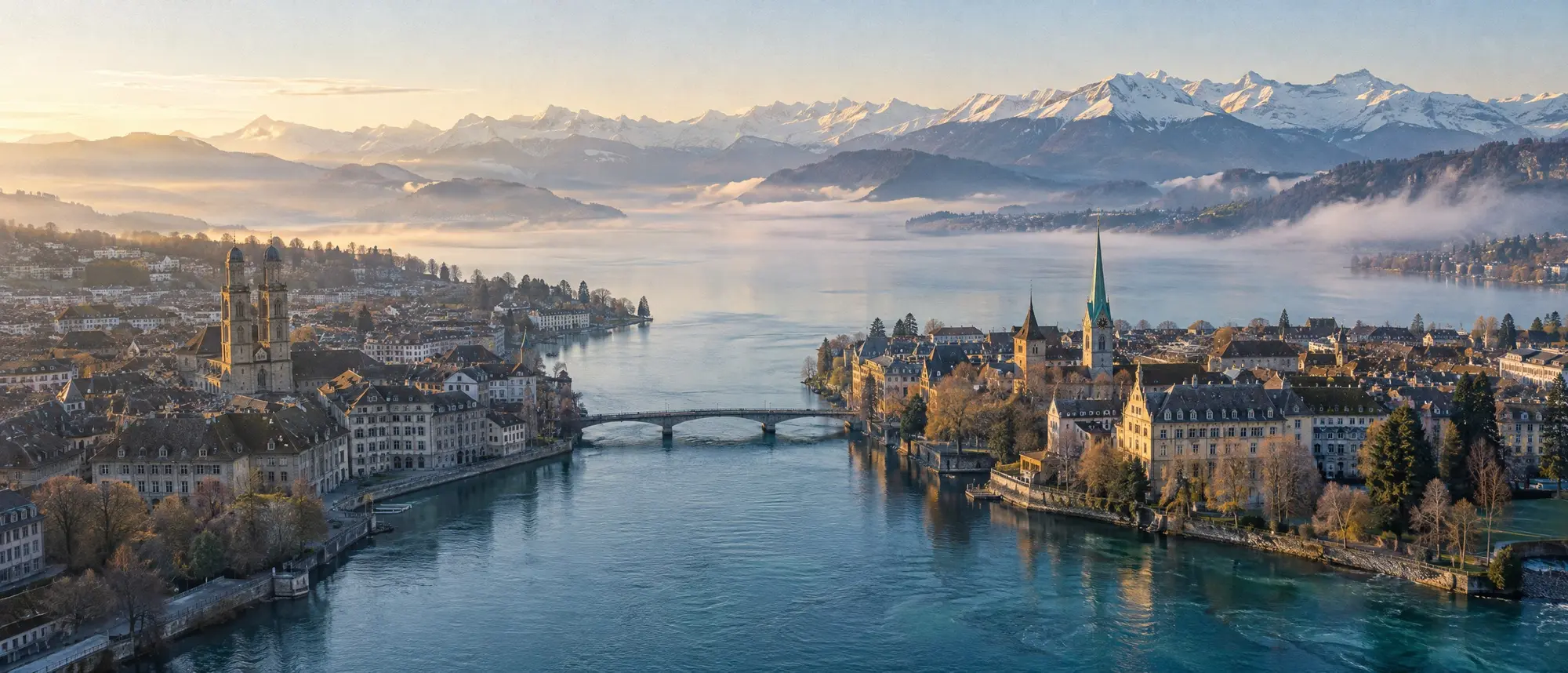 The Rhône leaving Lake Geneva at dawn