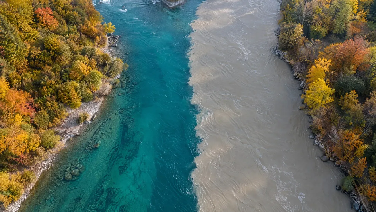 Two rivers of different colours meeting and flowing side by side
