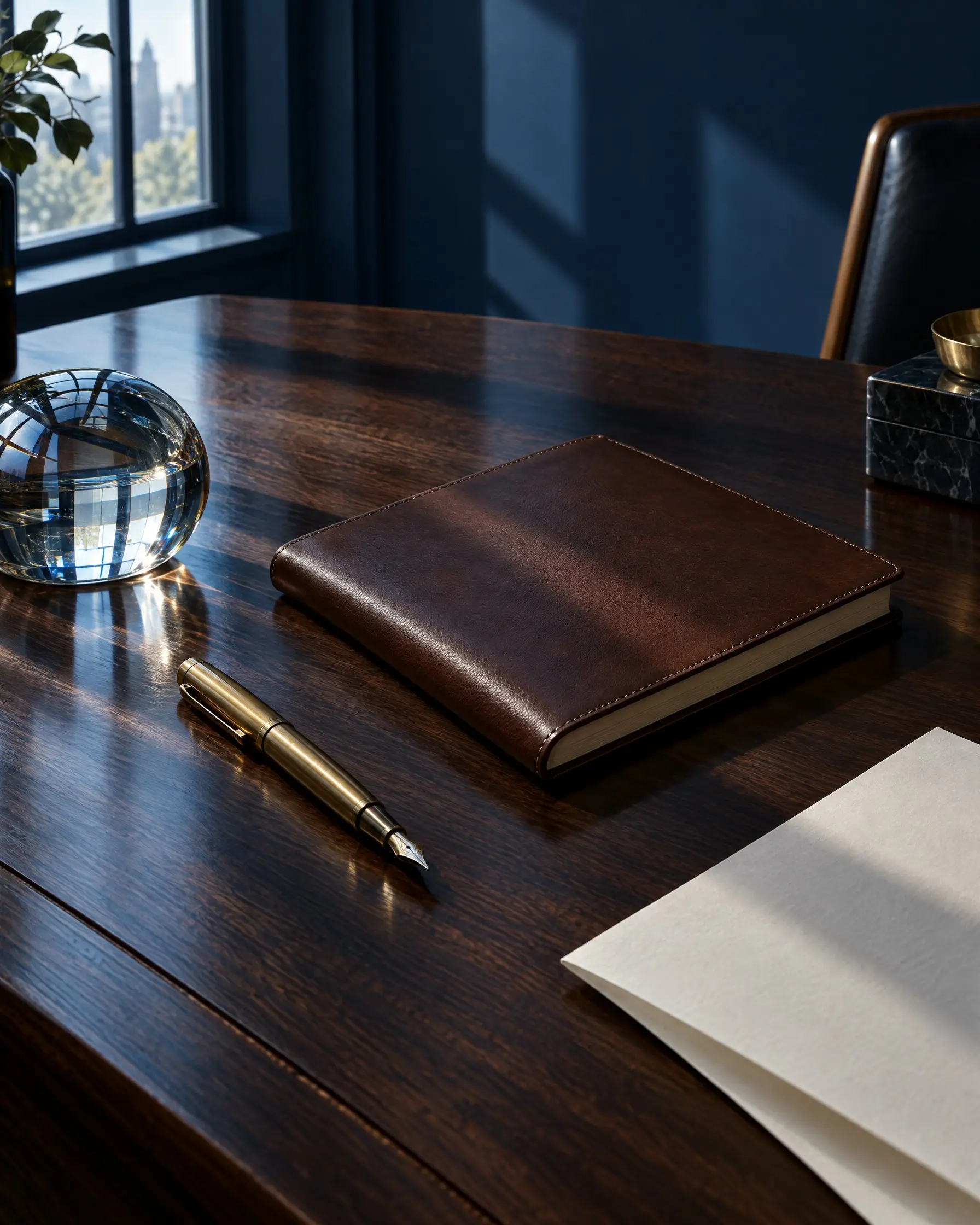 A walnut desk with a brass pen in window light