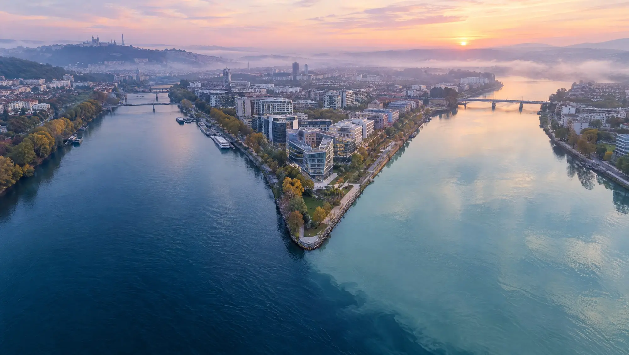 Two rivers joining at the southern tip of Lyon at dawn