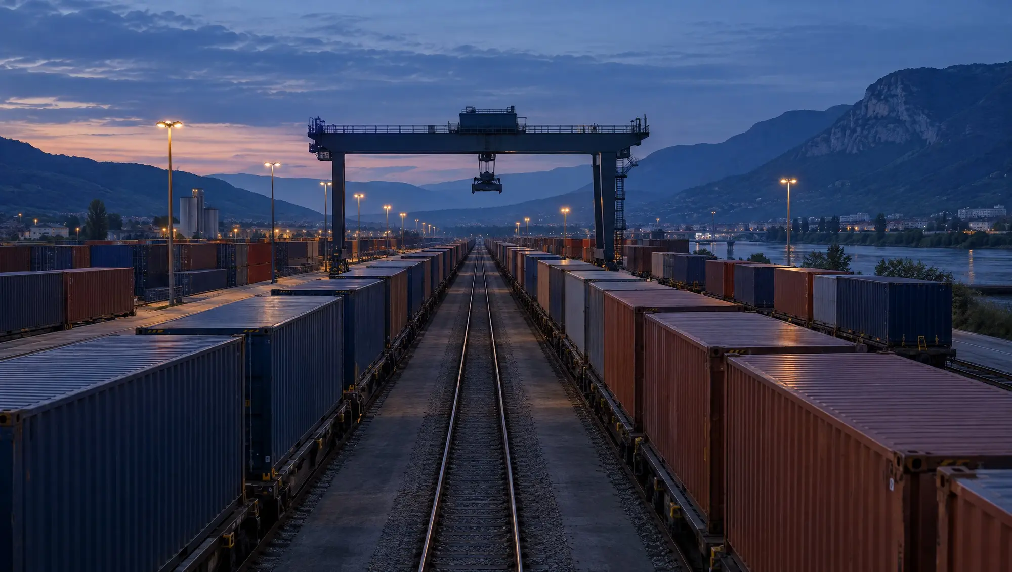 Rail freight terminal at dusk