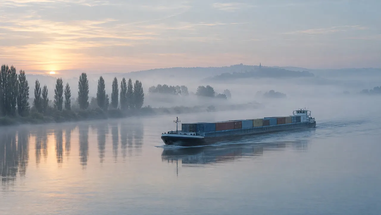 A barge in morning mist