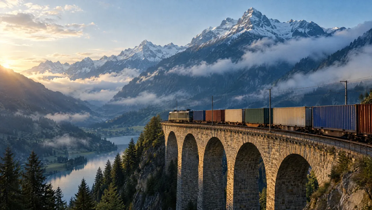 Freight train on an alpine viaduct